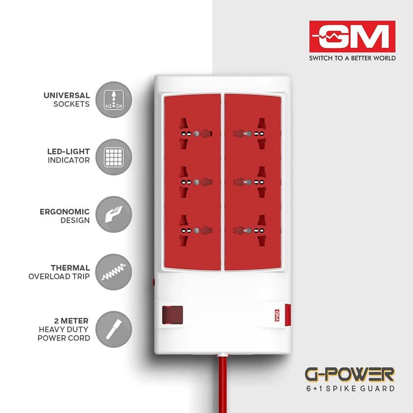 GM 3059 G-Power 6+1 Spike Adaptor with Master Switch, Indicator, Safety Shutter, International Sockets & Surge Protector view 3