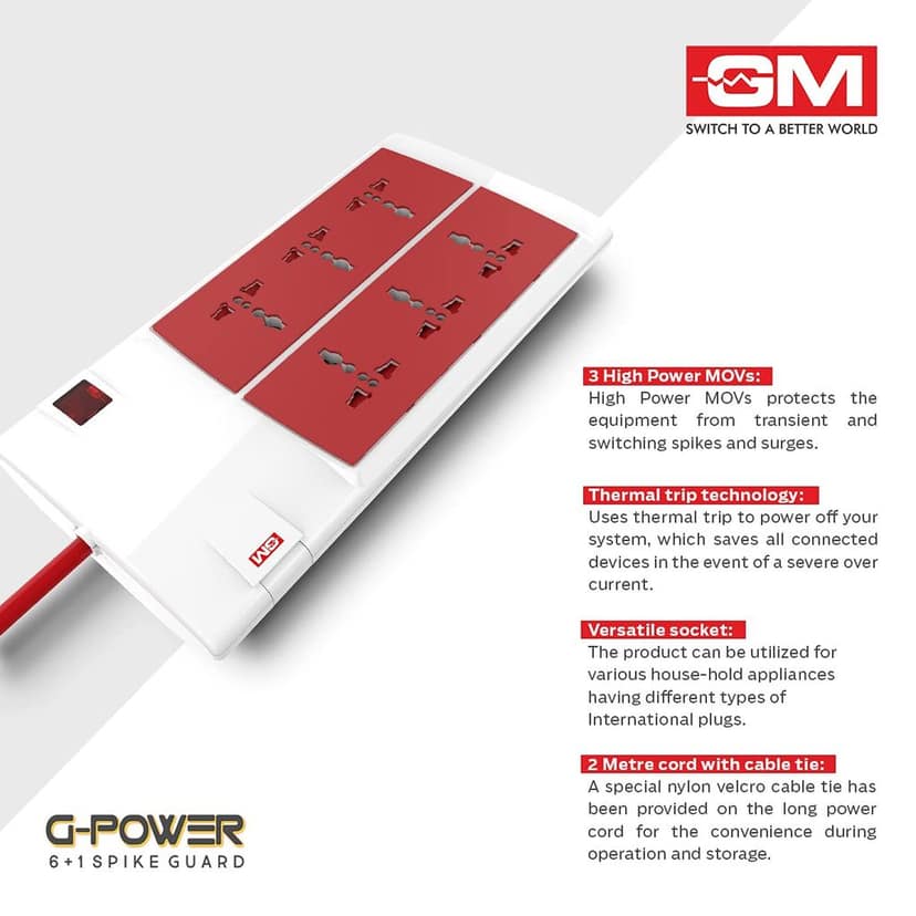 GM 3059 G-Power 6+1 Spike Adaptor with Master Switch, Indicator, Safety Shutter, International Sockets & Surge Protector view 4