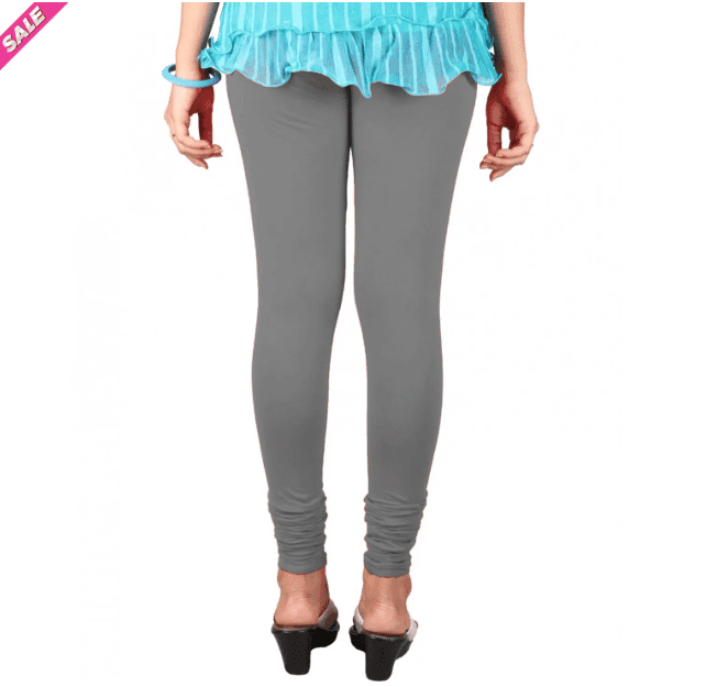 "Women's Solid Grey Cotton Blend Churidar Leggings" view 3