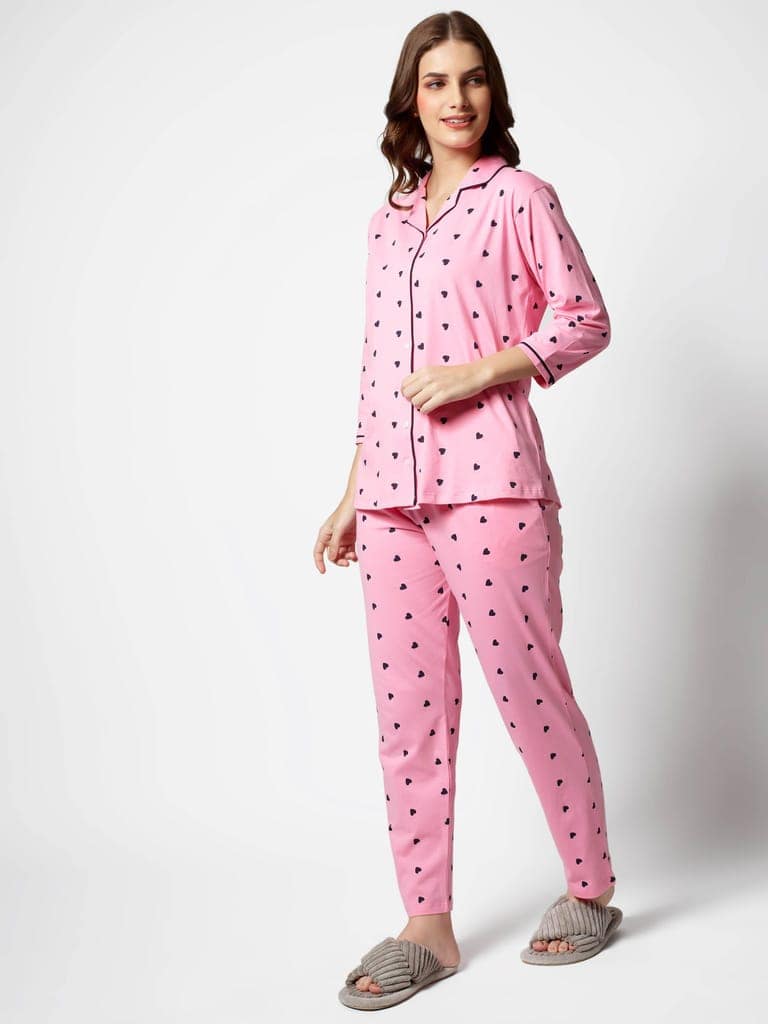 Zeyo Women Green Heart print Stylish Night suit set view 3