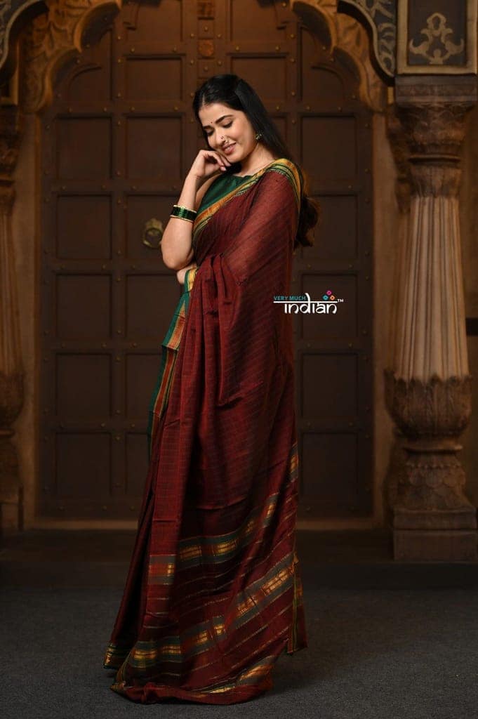 Parampara ~ Pure Cotton Saree in Regal Dark Brown with Zari Border & Pallu view 2