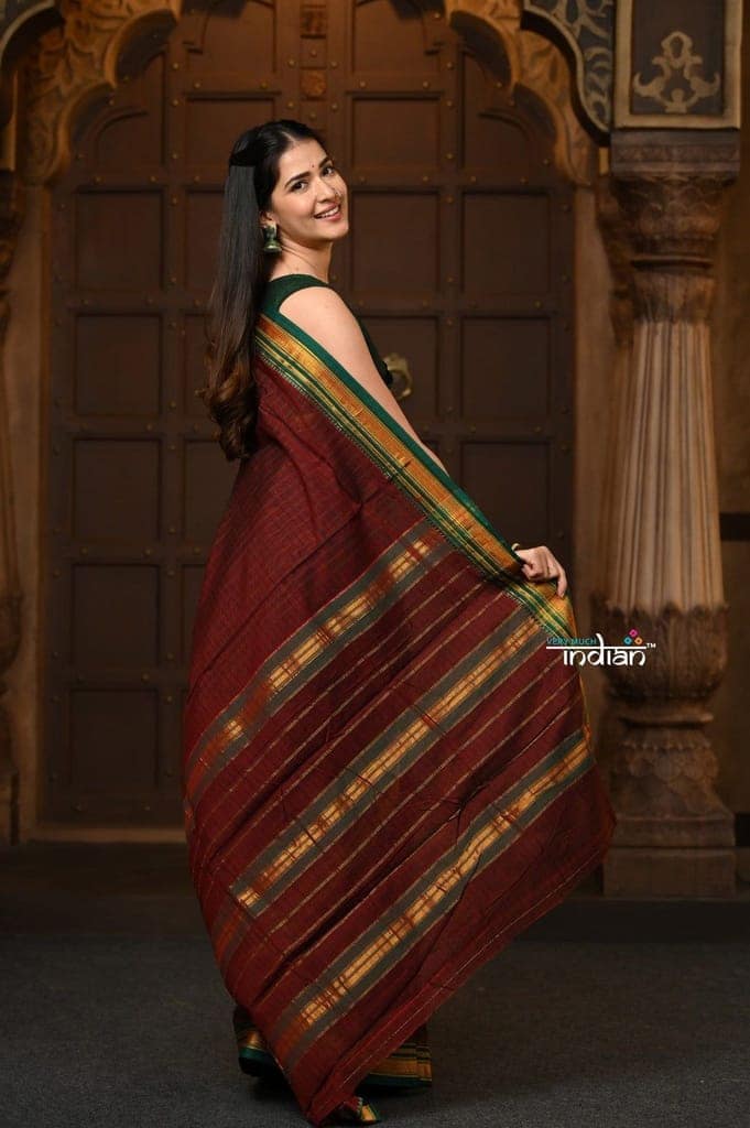 Parampara ~ Pure Cotton Saree in Regal Dark Brown with Zari Border & Pallu view 3