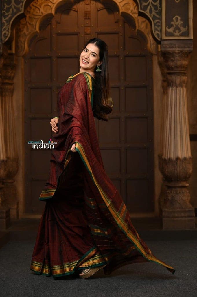 Parampara ~ Pure Cotton Saree in Regal Dark Brown with Zari Border & Pallu view 4