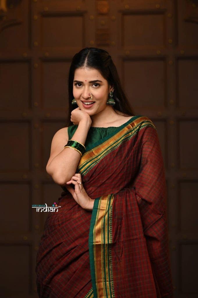 Parampara ~ Pure Cotton Saree in Regal Dark Brown with Zari Border & Pallu view 5