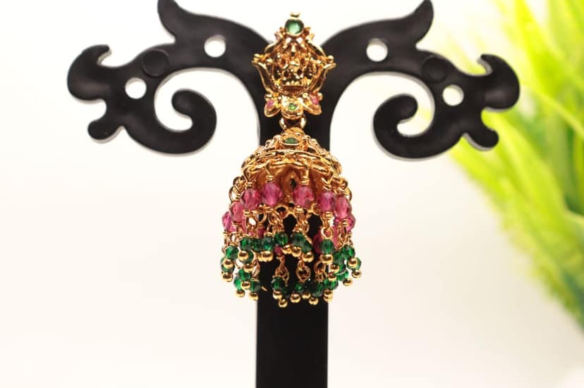 "Stunning Lakshmi Temple Jhumka Earrings with Ruby and Emerald Beads" view 3