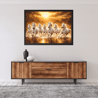 Manvis Creations Seven White Horses Sunrise Vastu Wall Painting Frame