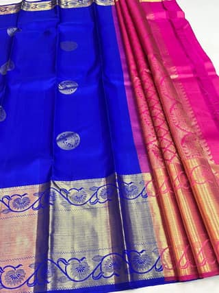 Ink Blue with Pink Has Wonderful Elephant Butta Design Pure Silk Saree with Unstitched Blouse