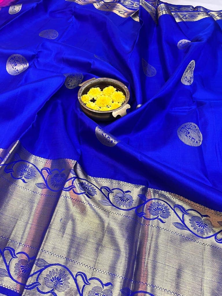 Ink Blue with Pink Has Wonderful Elephant Butta Design Pure Silk Saree with Unstitched Blouse view 3