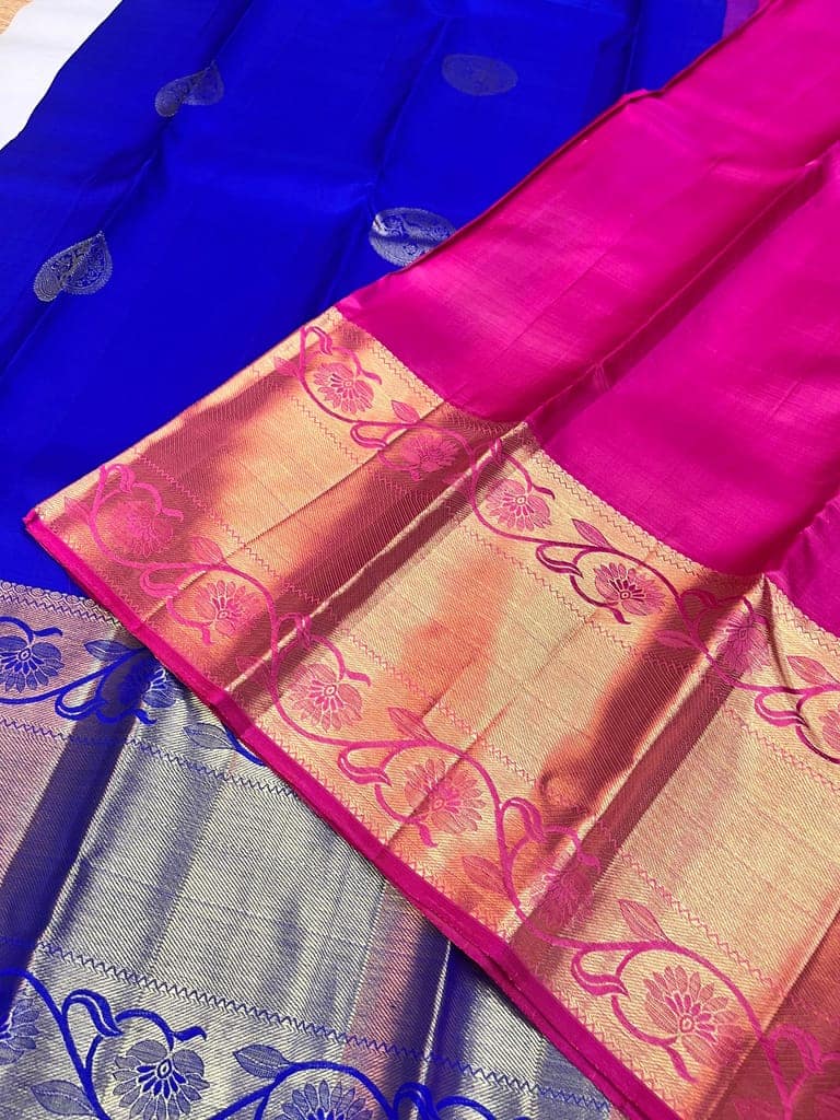 Ink Blue with Pink Has Wonderful Elephant Butta Design Pure Silk Saree with Unstitched Blouse view 4