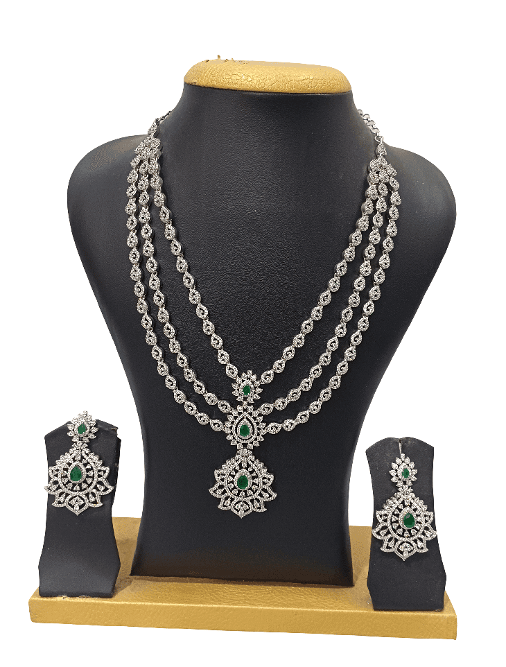 Elegant American Diamond Necklace Set with Green Stones view 3