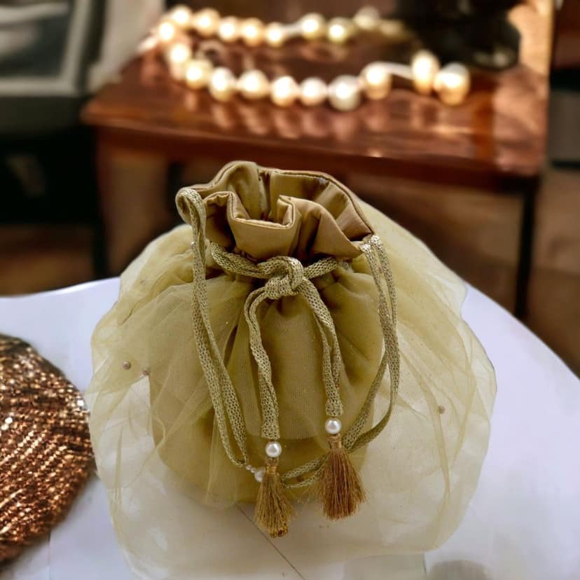 ABC Exquisite Handmade Indian Potli Bags for ladies Batua with Rose Gold Thread Handle, 3-Layered Net and Pearls - Ideal Gift for Her, Wedding Clutch- Perfect Purse for Parties & Weddings (Golden) view 3