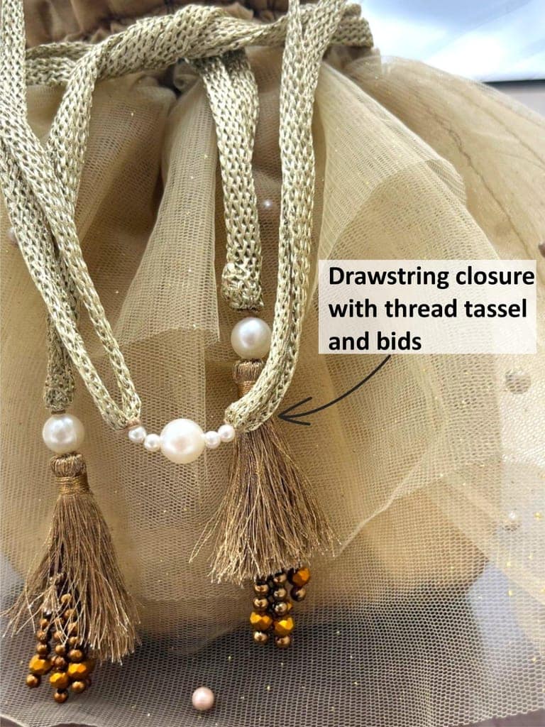 ABC Exquisite Handmade Indian Potli Bags for ladies Batua with Rose Gold Thread Handle, 3-Layered Net and Pearls - Ideal Gift for Her, Wedding Clutch- Perfect Purse for Parties & Weddings (Golden) view 5