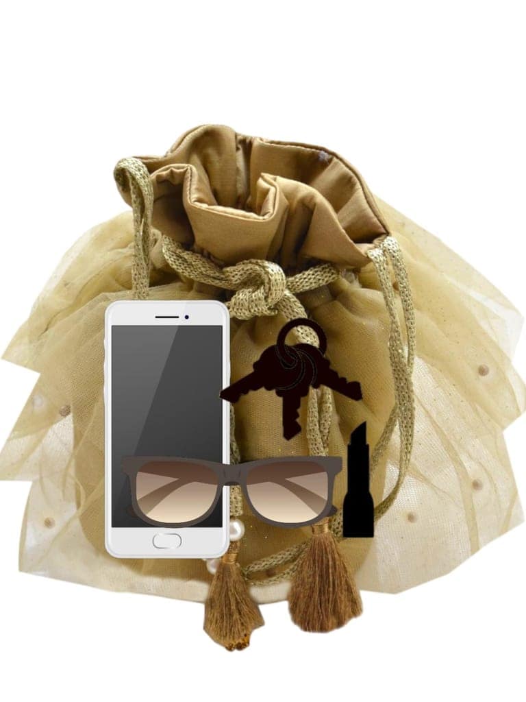 ABC Exquisite Handmade Indian Potli Bags for ladies Batua with Rose Gold Thread Handle, 3-Layered Net and Pearls - Ideal Gift for Her, Wedding Clutch- Perfect Purse for Parties & Weddings (Golden) view 6