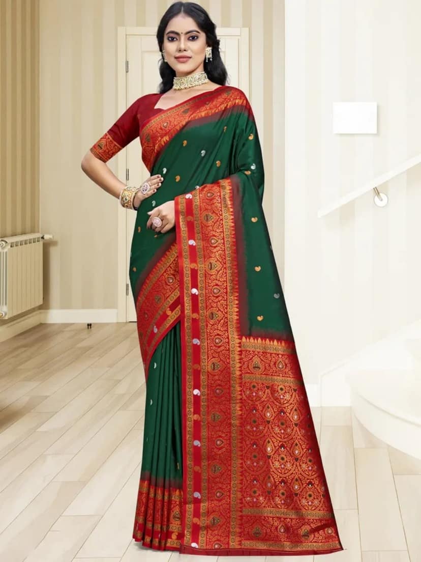 Dark Green Silk Saree view 2