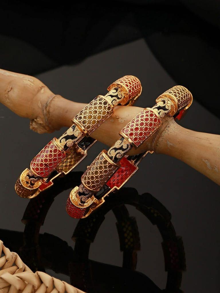 Set Of 2 Gold Toned Pink & Black Stone Studded Handcrafted Bangles view 2