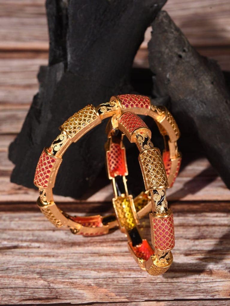 Set Of 2 Gold Toned Pink & Black Stone Studded Handcrafted Bangles view 3