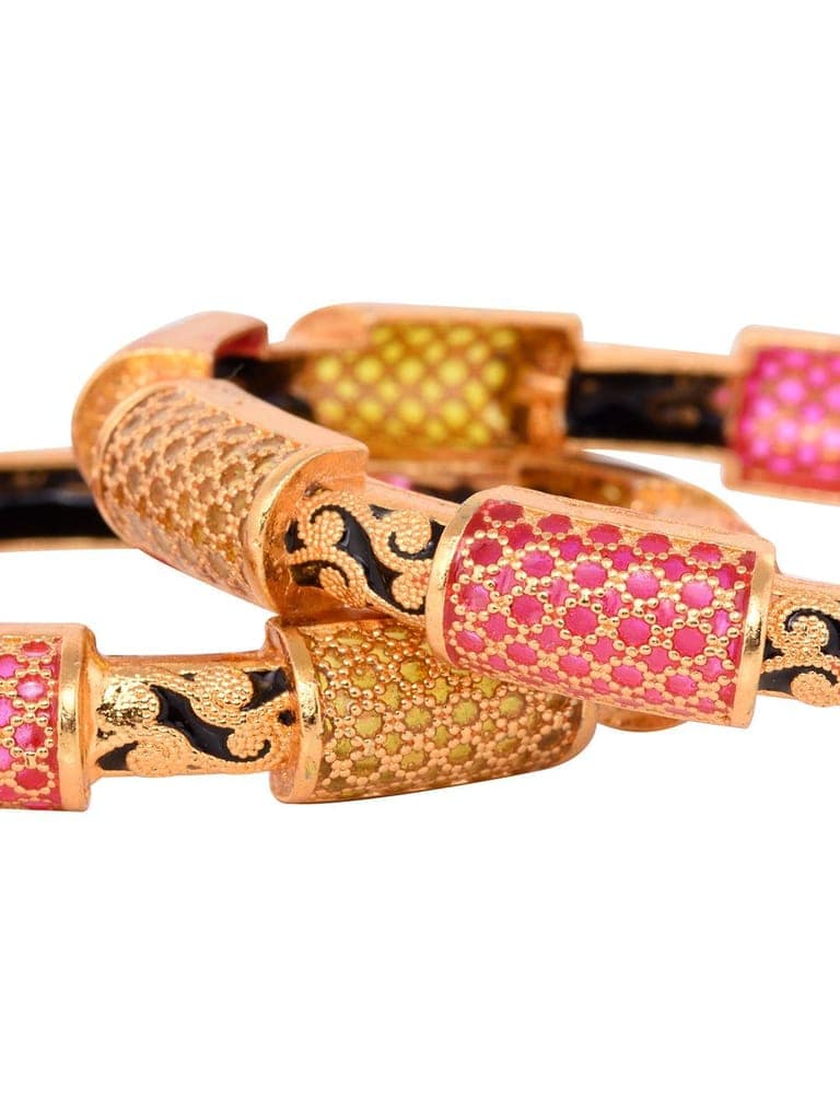 Set Of 2 Gold Toned Pink & Black Stone Studded Handcrafted Bangles view 7