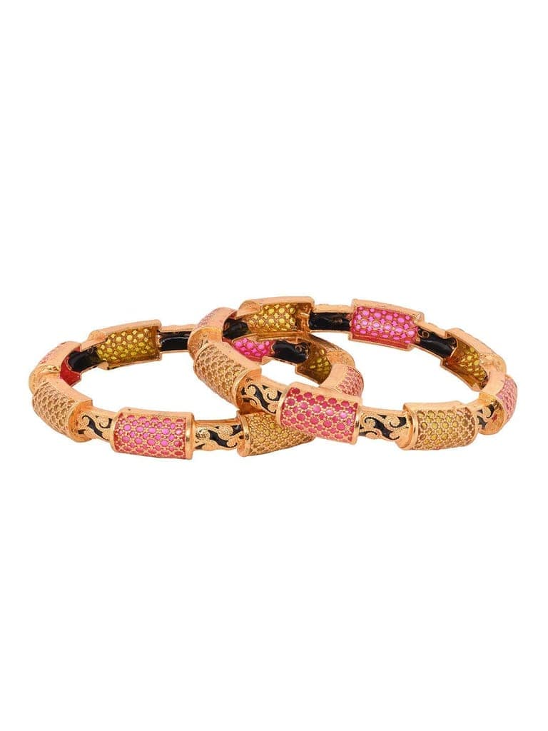 Set Of 2 Gold Toned Pink & Black Stone Studded Handcrafted Bangles view 8