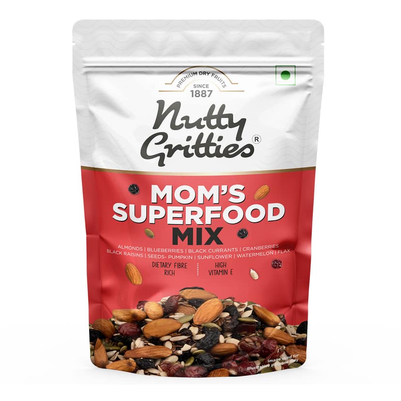 Nutty Gritties Mixed Nuts Dry Fruits - Mom's Superfood Mix - Roasted Almond, Pumpkin, Sunflower, Watermelon, Flax, Raisins, Black Currant, Cranberries, Blueberries, 200 gm
