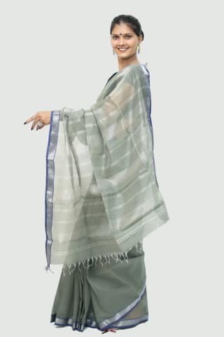 Epic Silver Brocade handwoven Saree with Tassels