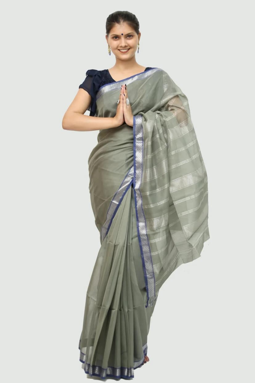 Epic Silver Brocade handwoven Saree with Tassels view 3