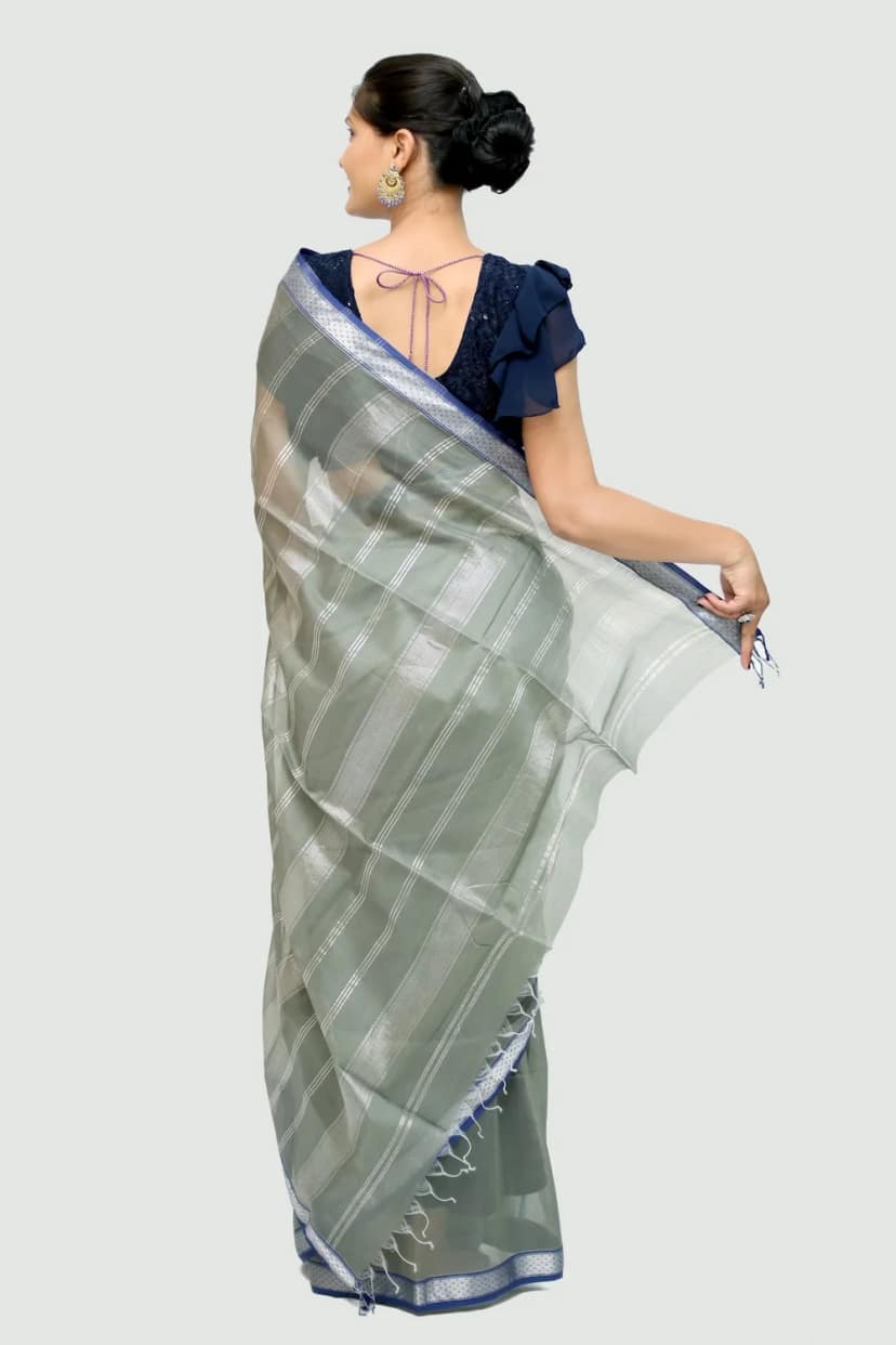 Epic Silver Brocade handwoven Saree with Tassels view 4