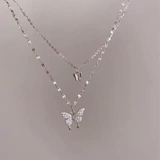 Elegant Layered Butterfly Necklace Set - Silver Tone with Sparkly CZ Pendant