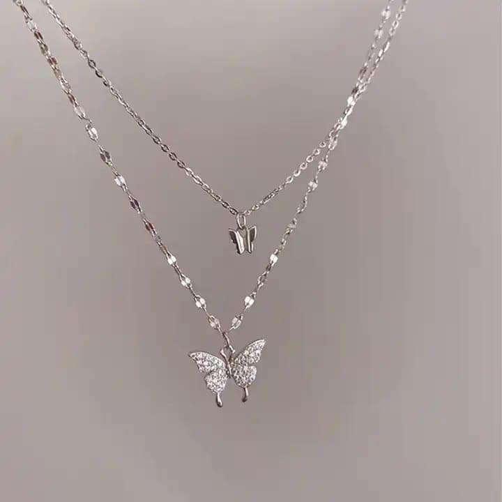 Elegant Layered Butterfly Necklace Set - Silver Tone with Sparkly CZ Pendant