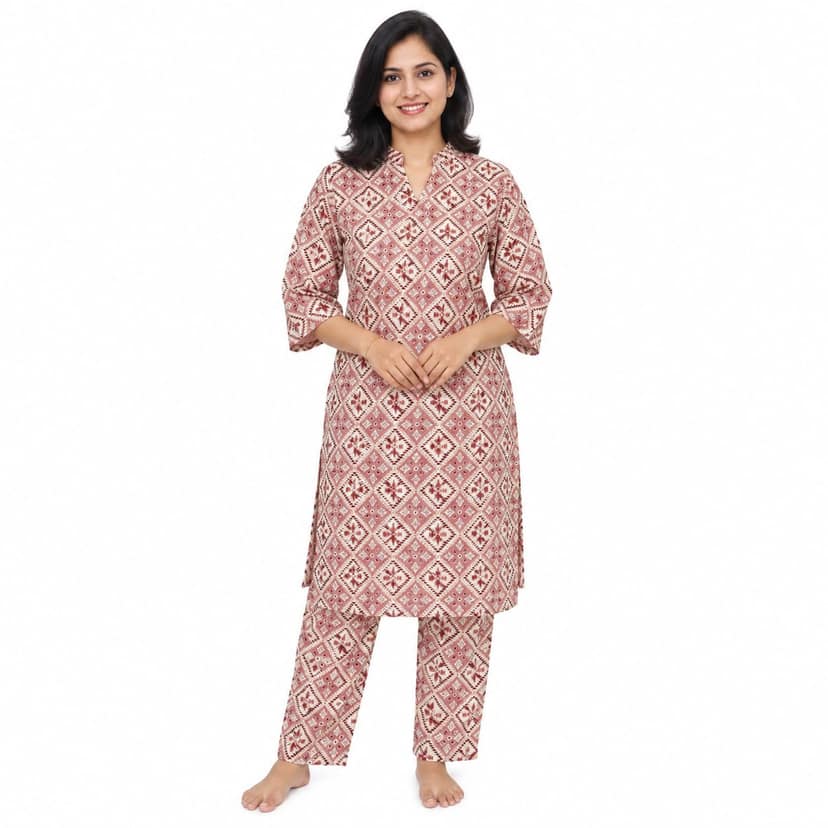 Mom and Me Women's Cotton Ethnic Co-Ord Set | Printed Kurta with 3/4 Sleeves & V-Neck Collar | Casual Summer Wear Co-Ord Set for Women (IN, Alpha, 2XL, Regular, Pink)