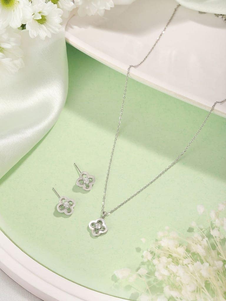 Anti-Tarnish Rhodium Plated AD Studded Minimal Floral Pendant Jewellery Set