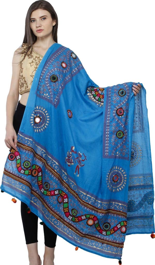 Blue-Jewel Printed Dupatta from Kutch with Hand-Embroidered Florals and Mirrors