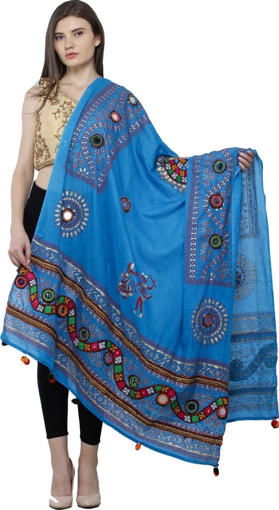 Blue-Jewel Printed Dupatta from Kutch with Hand-Embroidered Florals and Mirrors view 3