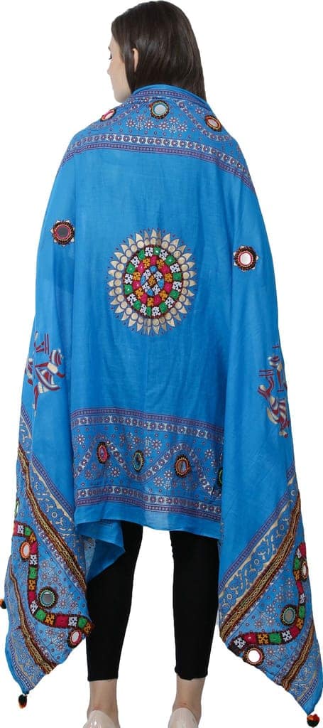 Blue-Jewel Printed Dupatta from Kutch with Hand-Embroidered Florals and Mirrors view 4