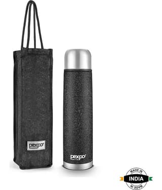 Pexpo 1000ml 24 Hrs Hot and Cold Flask with Jute-bag, Flamingo Vacuum insulated Bottle (Pack of 1, Black)