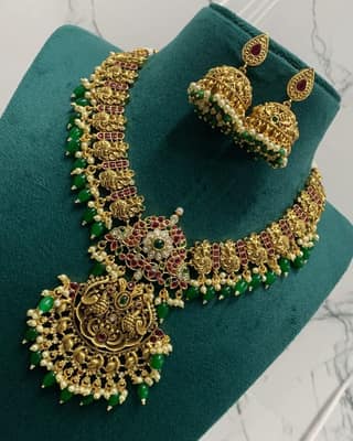 Bridal Gold Plated Antique Temple Jewellery Necklace Set With Ruby Stones