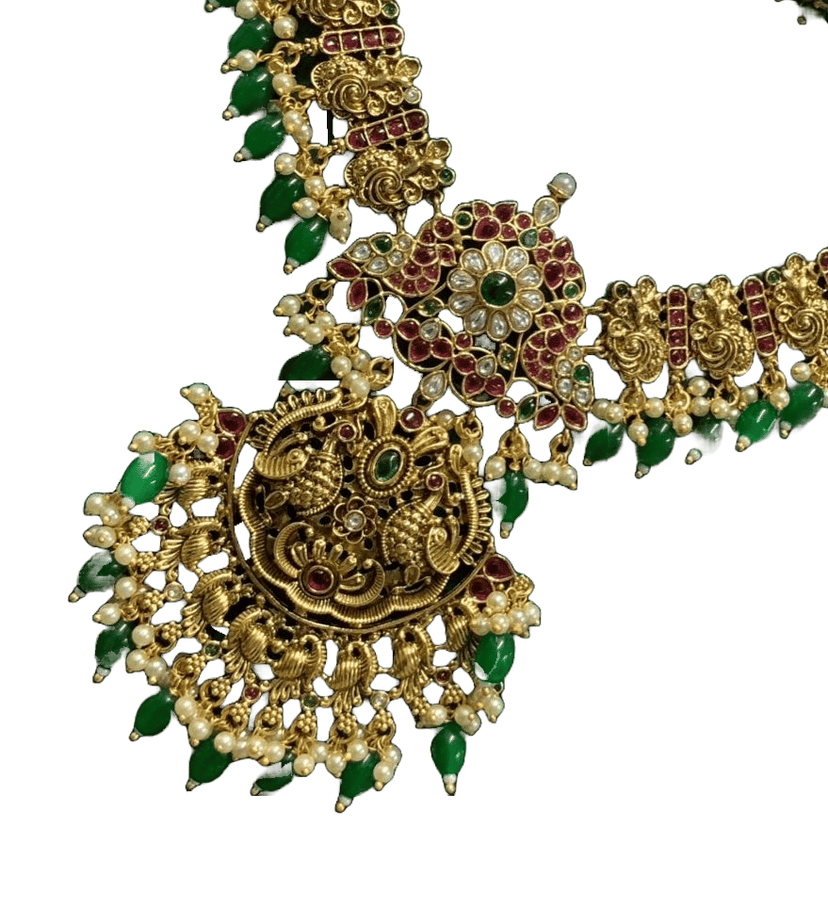 Bridal Gold Plated Antique Temple Jewellery Necklace Set With Ruby Stones view 3