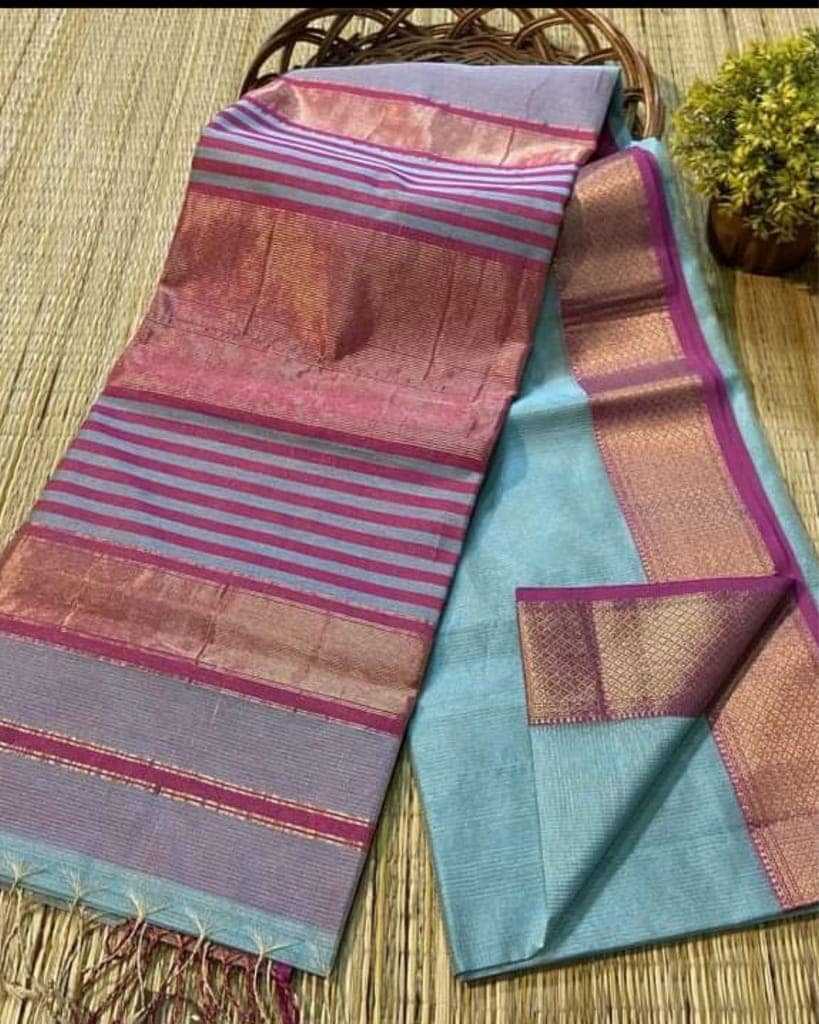 Pure Maheshwari Handwoven Tissue Silk Saree Pastel Blue Color with running blouse-2597 view 2
