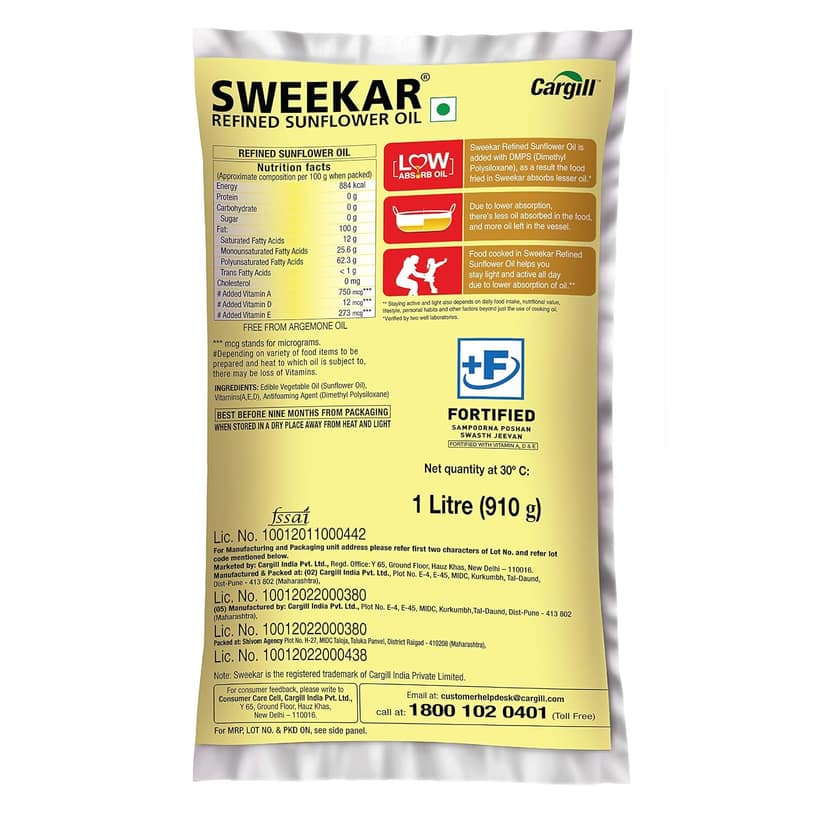 SWEEKAR REFINED SUNFLOWER OIL 1 L POUCH view 2