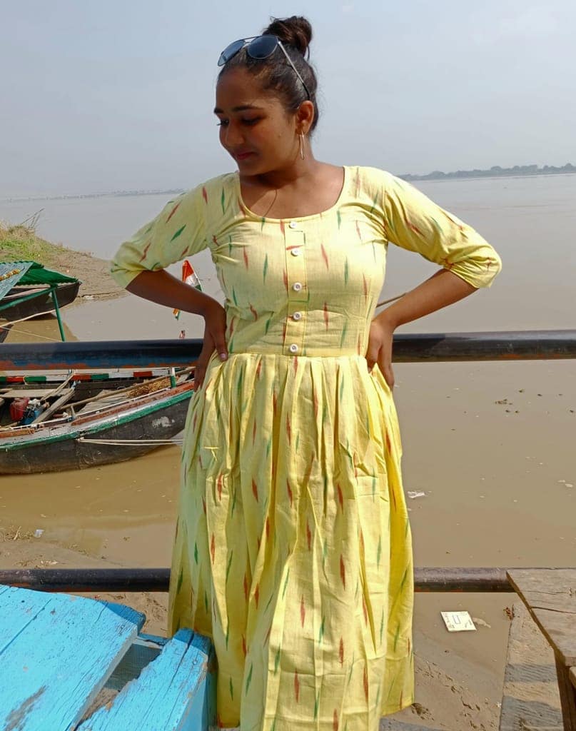 Pure Cotton Ikkat Dress Shalimar Yellow Colour (Size XXS(32) to Plus Size(56))-1395 view 3