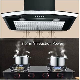 Ruwa 60cm 1100m3/hr Kitchen Chimney Model: Dove Black (Features Push Controls, Stainless Steel Baffle Filter, 3watts led Lights with Plastic Oil cup) with installation Kit