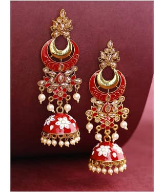 Priyaasi Red and White Gold-Plated Traditional Drop Earrings for Women and Girls