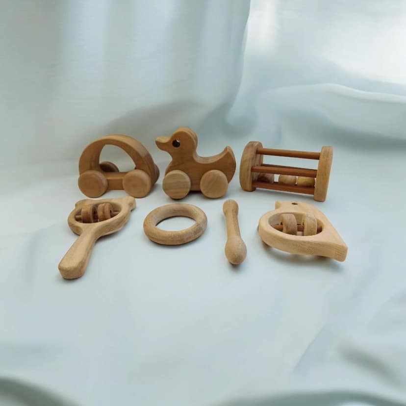 Neemtoys Neem Wooden Toddler Toys Rattles, Wheel Toys and Teethers, Teething Toy for Babies with Multiple Textured Surface (Brown) view 2