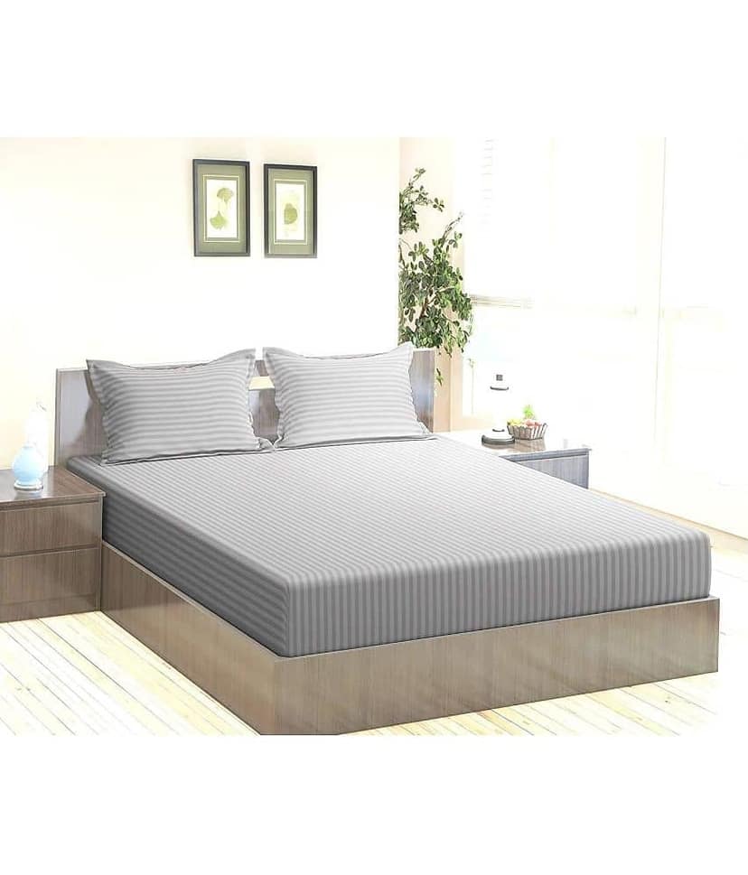 MAHALUXMI COLLECTION Microfibre Vertical Striped 1 Bedsheet with 2 Pillow Covers - Light Grey