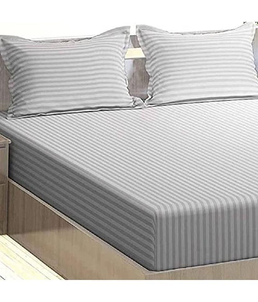 MAHALUXMI COLLECTION Microfibre Vertical Striped 1 Bedsheet with 2 Pillow Covers - Light Grey view 2