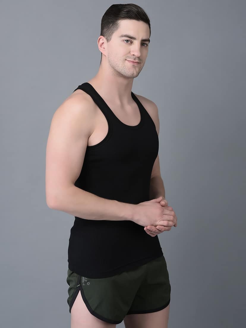 Men's Black Pack of 5 Solid Combed Cotton Vest view 2