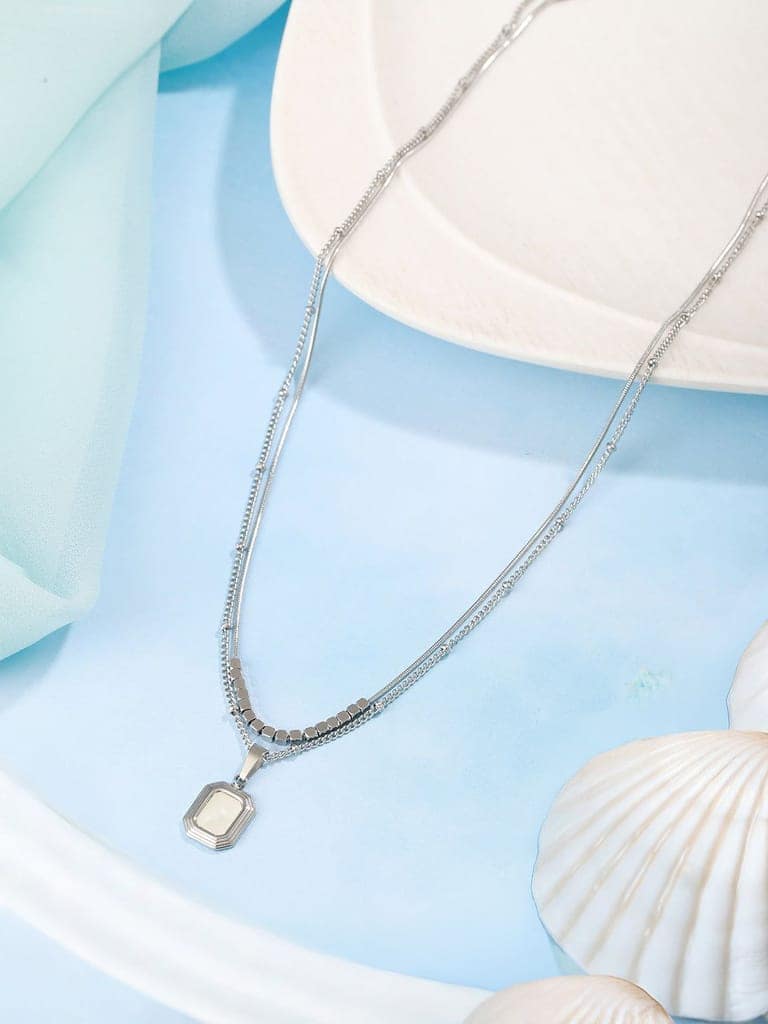 Anti-Tarnish Rhodium Plated Layered Minimal Geometric Pendant Necklace & Chain view 5
