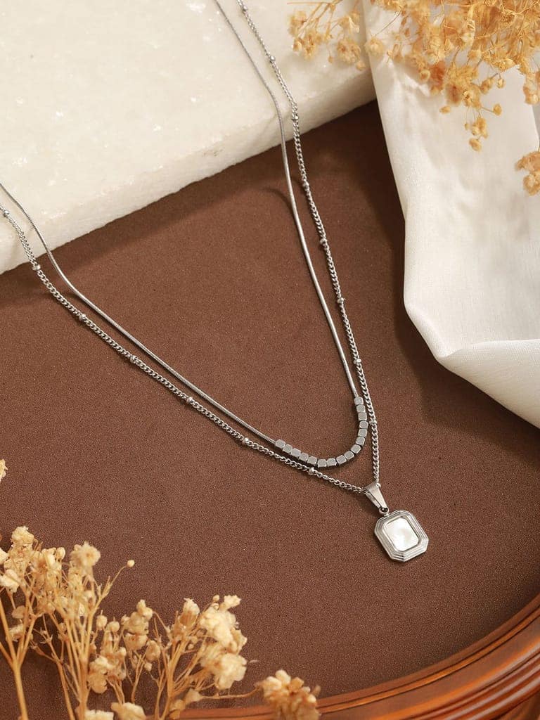 Anti-Tarnish Rhodium Plated Layered Minimal Geometric Pendant Necklace & Chain view 6