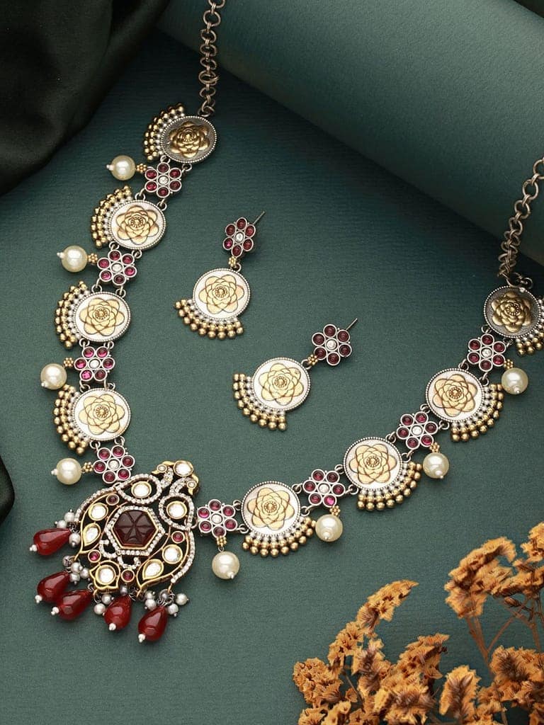 Dual Toned Silver Oxidised Maroon Pearl Beaded Floral Statement jewellery Set view 2