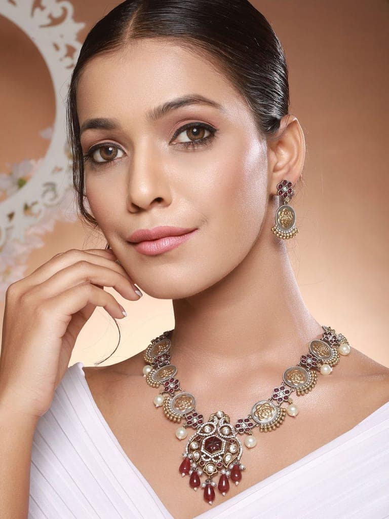 Dual Toned Silver Oxidised Maroon Pearl Beaded Floral Statement jewellery Set view 3