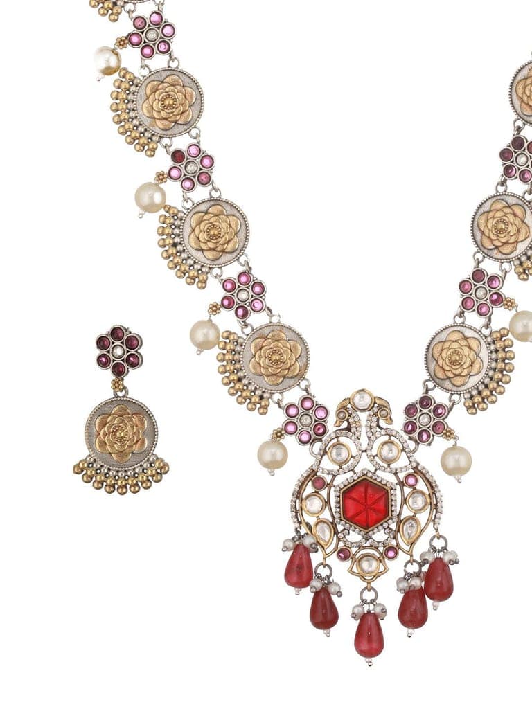 Dual Toned Silver Oxidised Maroon Pearl Beaded Floral Statement jewellery Set view 5